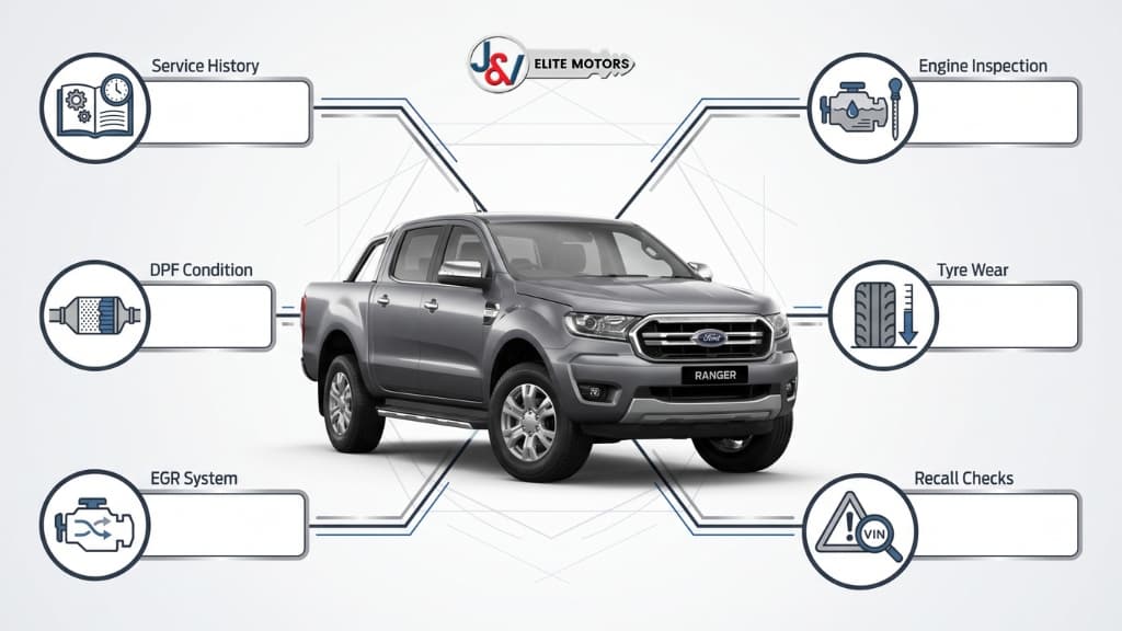 Infographic showing key checks for buying a used 2018 Ford Ranger