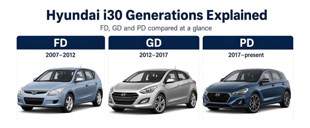 Comparison shot of FD, GD and PD i30 - helps readers identify the generation