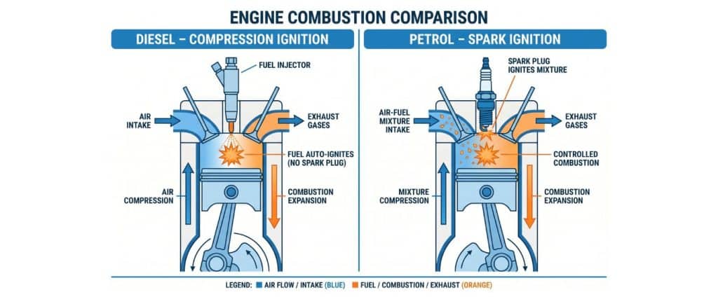Diagram of diesel compression ignition versus petrol spark ignition.