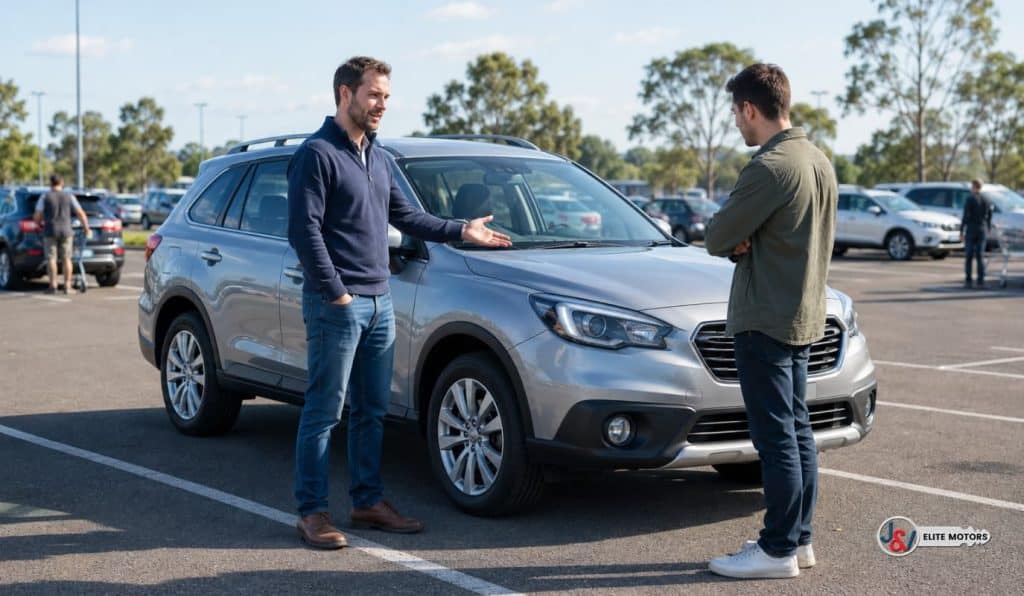 Private seller discussing a used SUV with a potential buyer in a public car park