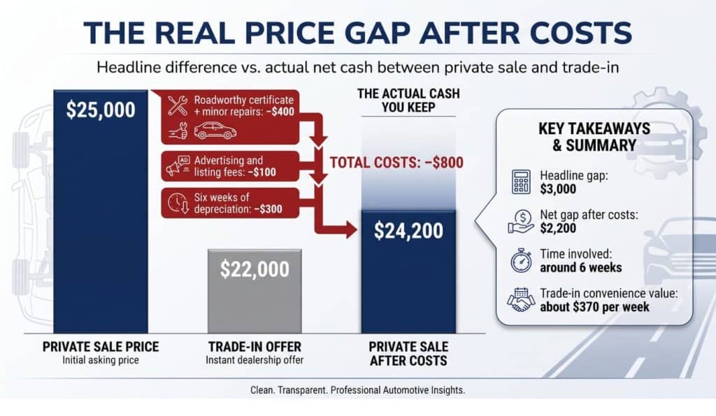 Chart comparing private sale price versus trade-in offer for a used car in Australia.