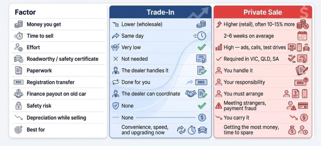 Comparison of trade-in versus private sale for selling a car in Australia.