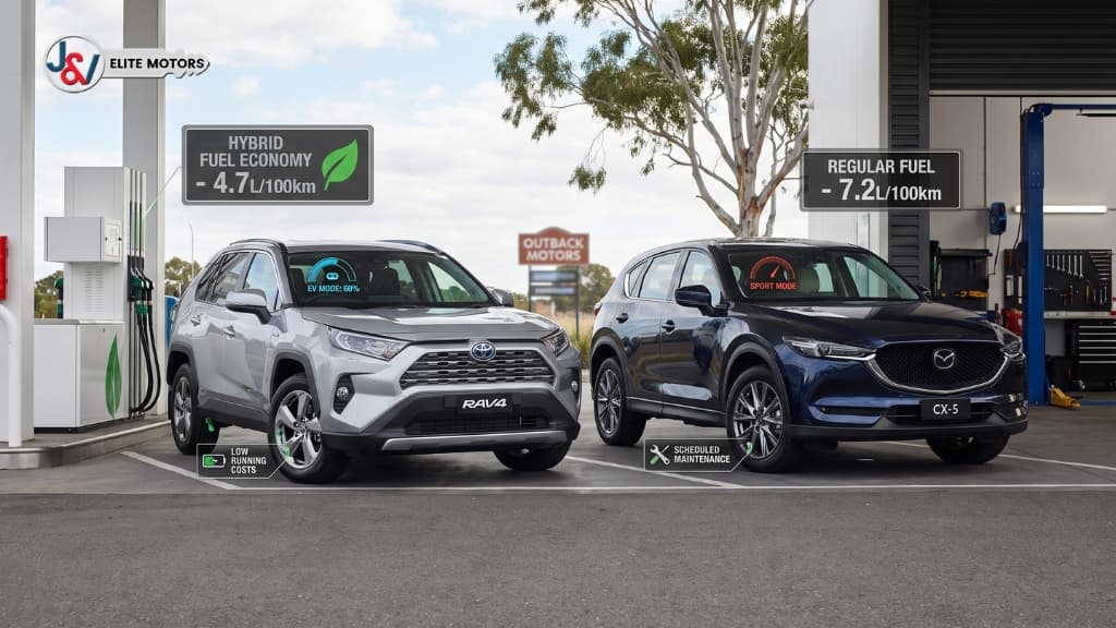Toyota RAV4 hybrid and Mazda CX-5 comparison showing fuel economy and running costs