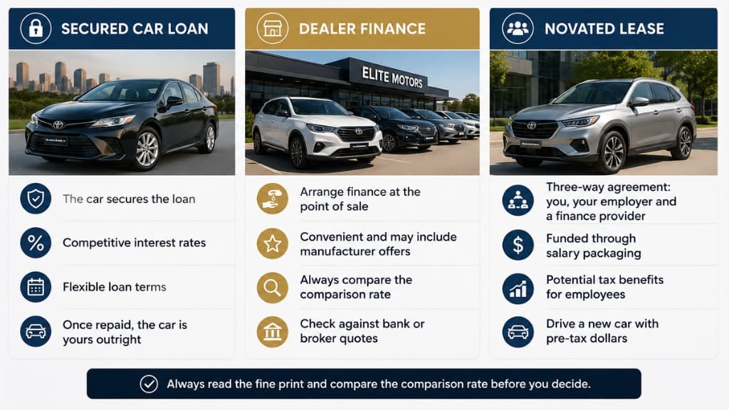 Types of car finance in Australia including secured loan novated lease and chattel mortgage