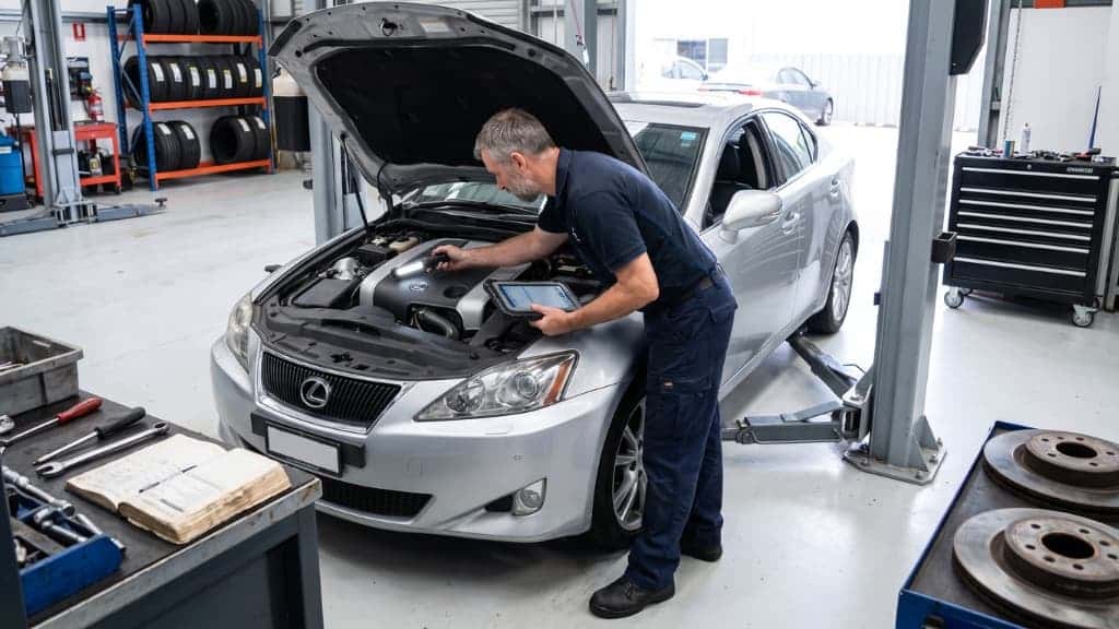 Mechanic completing a pre purchase inspection on a used luxury car