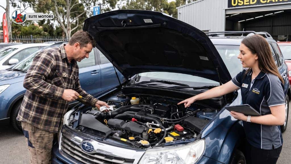 Buyer inspecting a used medium SUV engine bay