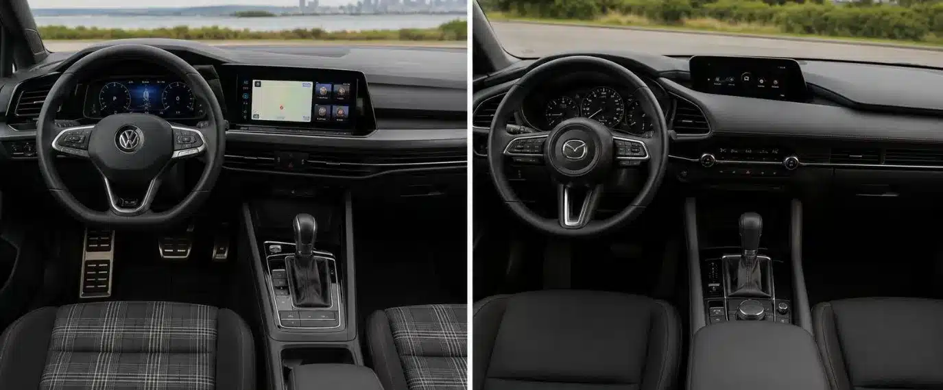 Volkswagen Golf and Mazda3 interiors compared.